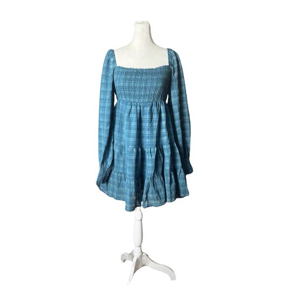 Cottagecore Babydoll UO Sz Small Smocked Plaid Mini Dress Boho Western Cowgirl - Picture 1 of 8
